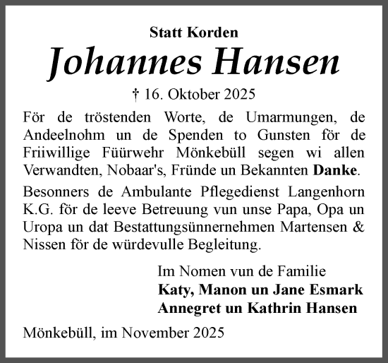Traueranzeige von Johannes Hansen von Husumer Nachrichten, Nordfriesland Tageblatt