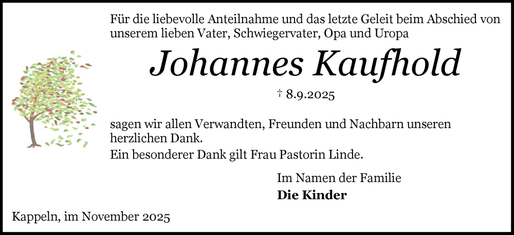 Traueranzeige für Johannes Kaufhold vom 08.11.2025 aus Flensburger Tageblatt, Schleswiger Nachrichten, Schlei-Bote