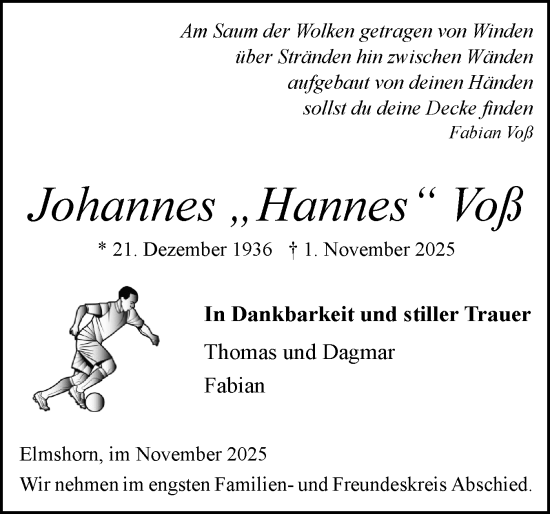 Traueranzeige von Johannes Voß von Elmshorner Nachrichten, Barmstedter Zeitung