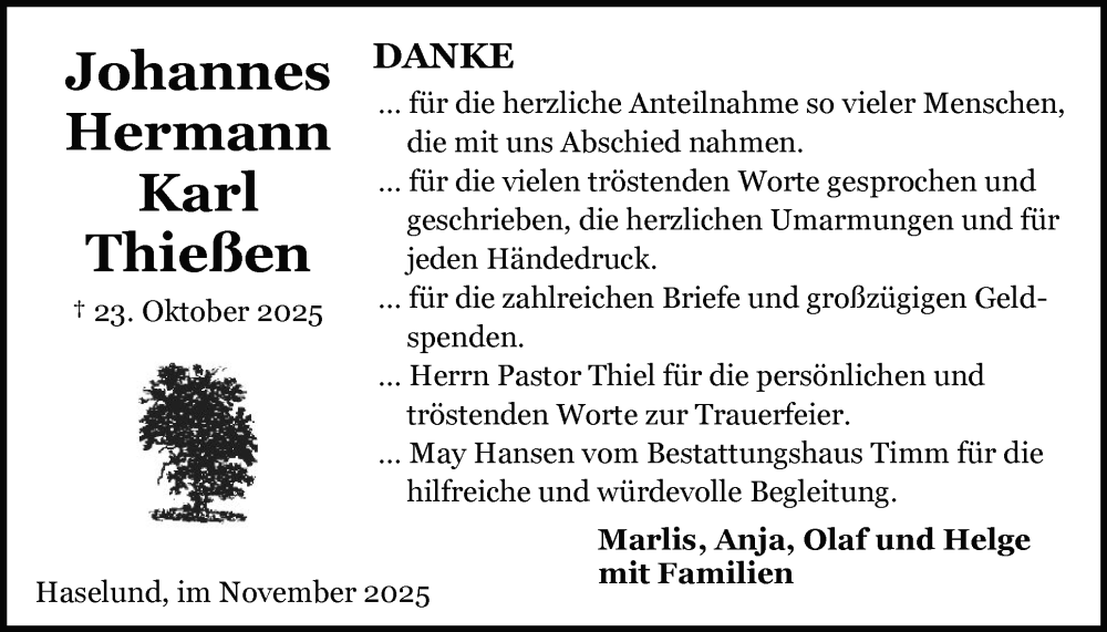  Traueranzeige für Johannes Hermann Karl Thießen vom 15.11.2025 aus Husumer Nachrichten, Nordfriesland Tageblatt
