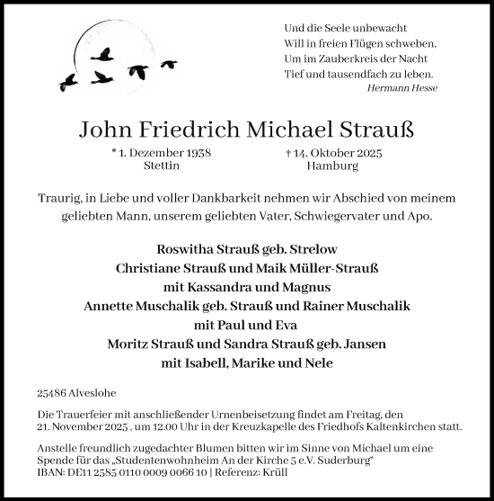 Traueranzeige von John Friedrich Michael Strauß von Umschau