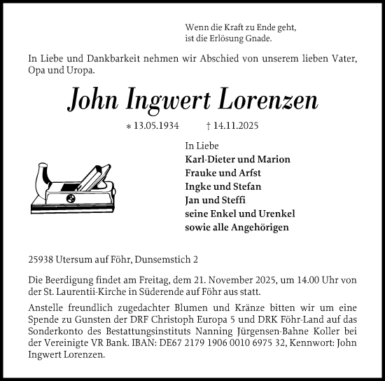 Traueranzeige von John Ingwert Lorenzen von Der Insel-Bote