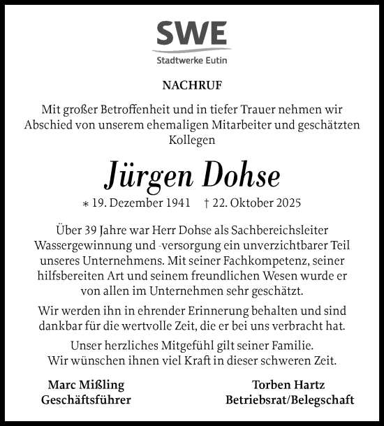 Traueranzeige von Jürgen Dohse von Ostholsteiner Anzeiger