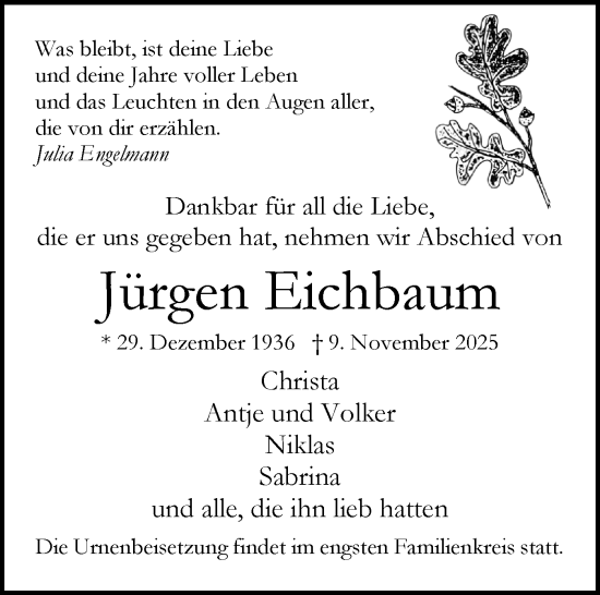 Traueranzeige von Jürgen Eichbaum von Region Pinneberg und tip Pinneberg
