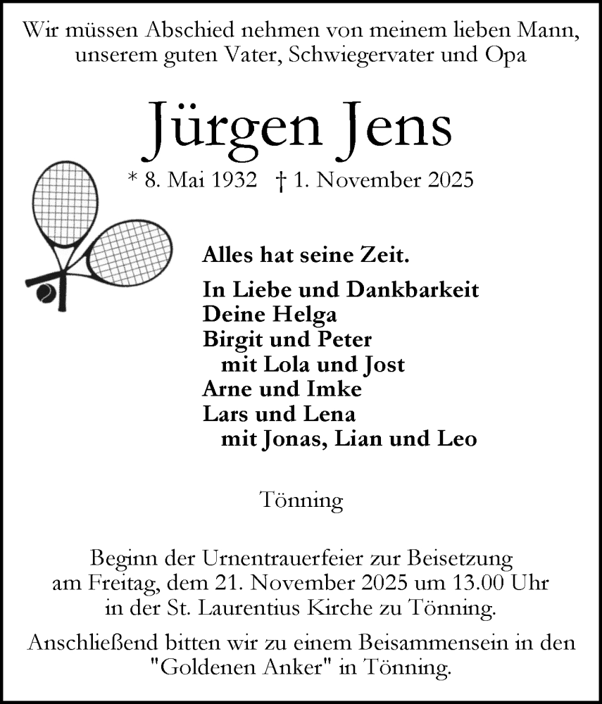  Traueranzeige für Jürgen Jens vom 15.11.2025 aus Husumer Nachrichten, Nordfriesland Tageblatt