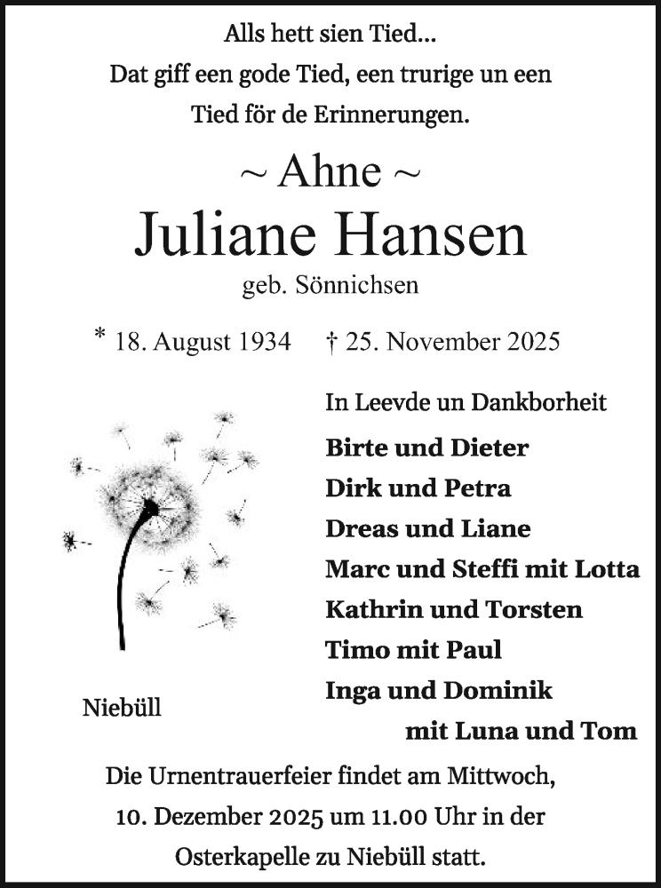  Traueranzeige für Juliane Hansen vom 29.11.2025 aus Husumer Nachrichten, Nordfriesland Tageblatt