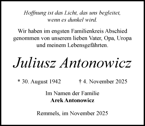 Traueranzeige von Juliusz Antonowicz von Schleswig-Holsteinische Landeszeitung