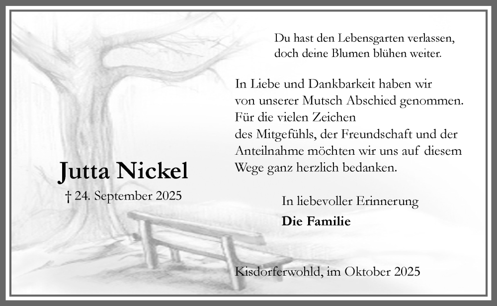  Traueranzeige für Jutta Nickel vom 08.11.2025 aus Umschau