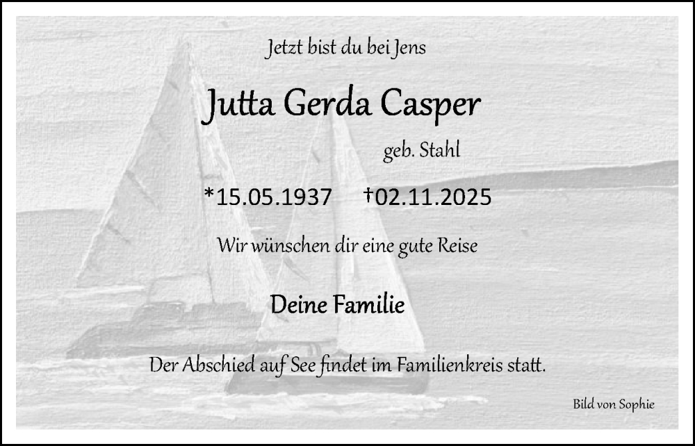  Traueranzeige für Jutta Gerda Casper vom 08.11.2025 aus Flensburger Tageblatt