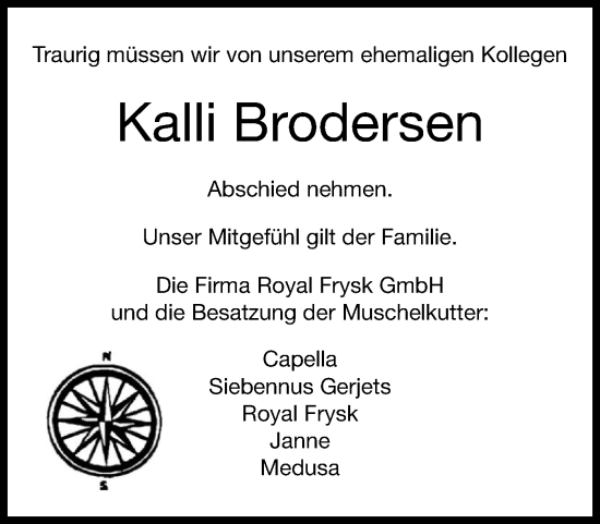 Traueranzeige von Kalli Brodersen von Husumer Nachrichten, Nordfriesland Tageblatt
