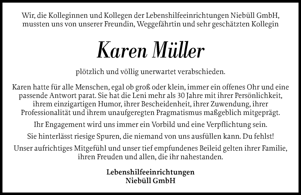  Traueranzeige für Karen Müller vom 07.11.2025 aus Husumer Nachrichten, Nordfriesland Tageblatt