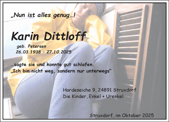 Traueranzeige von Karin Dittloff von MARKT Glinde/Reinfeld