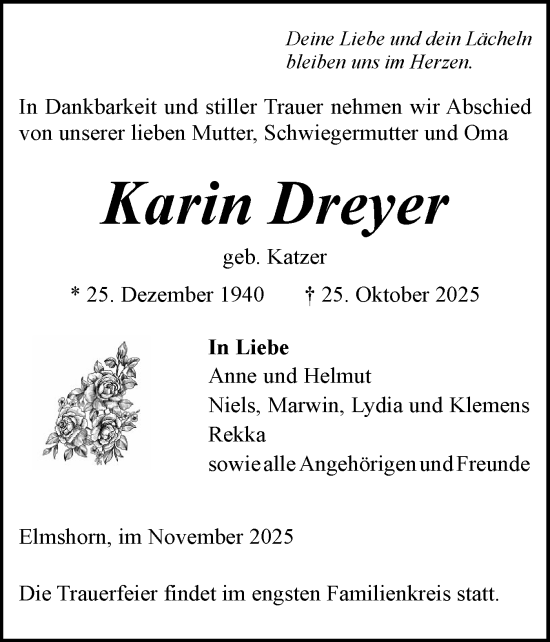 Traueranzeige von Karin Dreyer von Elmshorner Nachrichten, Barmstedter Zeitung