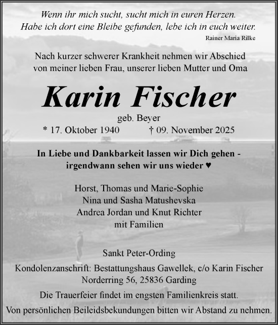 Traueranzeige von Karin Fischer von Husumer Nachrichten, Nordfriesland Tageblatt