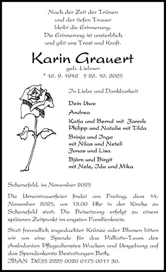 Traueranzeige von Karin Grauert von Norddeutsche Rundschau, Wilstersche Zeitung, Glückstädter Fortuna