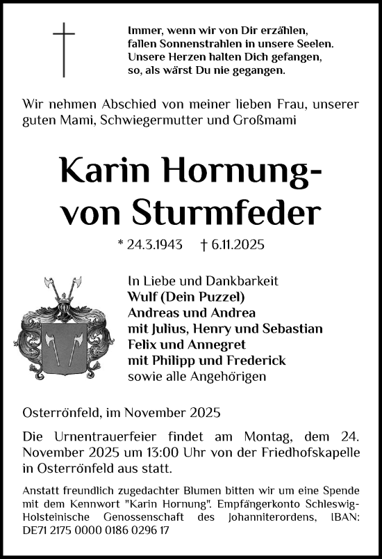 Traueranzeige von Karin Hornung-von Sturmfeder von Schleswig-Holsteinische Landeszeitung