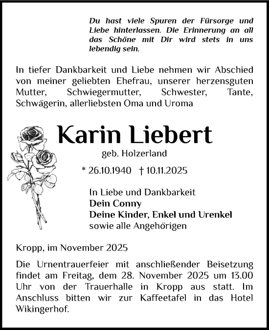 Traueranzeige von Karin Liebert von Schleswiger Nachrichten, Schlei-Bote