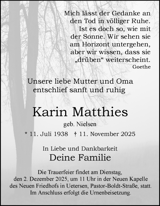Traueranzeige von Karin Matthies von Uetersener Nachrichten, Der tip am Wochenende
