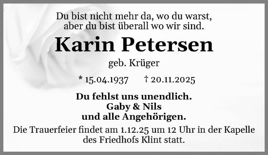 Traueranzeige von Karin Petersen von Schleswig-Holsteinische Landeszeitung