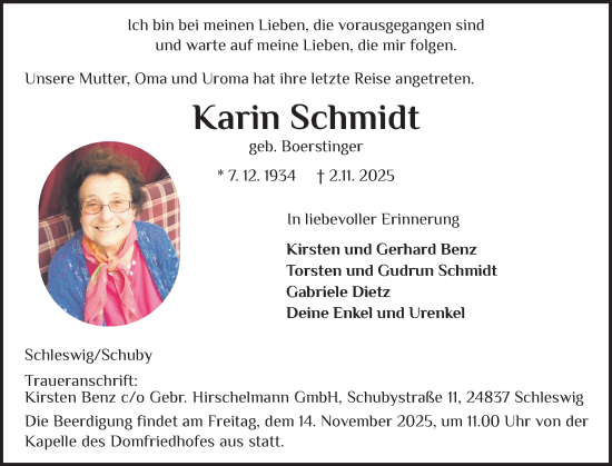 Traueranzeige von Karin Schmidt von Schleswiger Nachrichten, Schlei-Bote