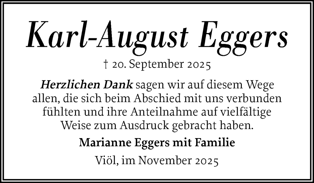  Traueranzeige für Karl-August Eggers vom 13.11.2025 aus Husumer Nachrichten, Nordfriesland Tageblatt