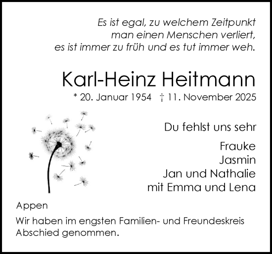 Traueranzeige von Karl-Heinz Heitmann von Region Pinneberg und tip Pinneberg
