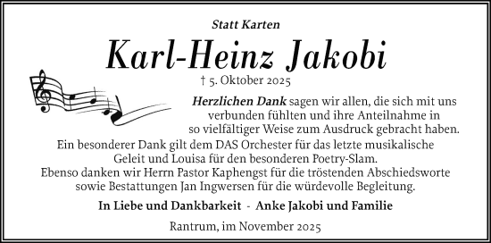 Traueranzeige von Karl-Heinz Jakobi von Husumer Nachrichten, Nordfriesland Tageblatt