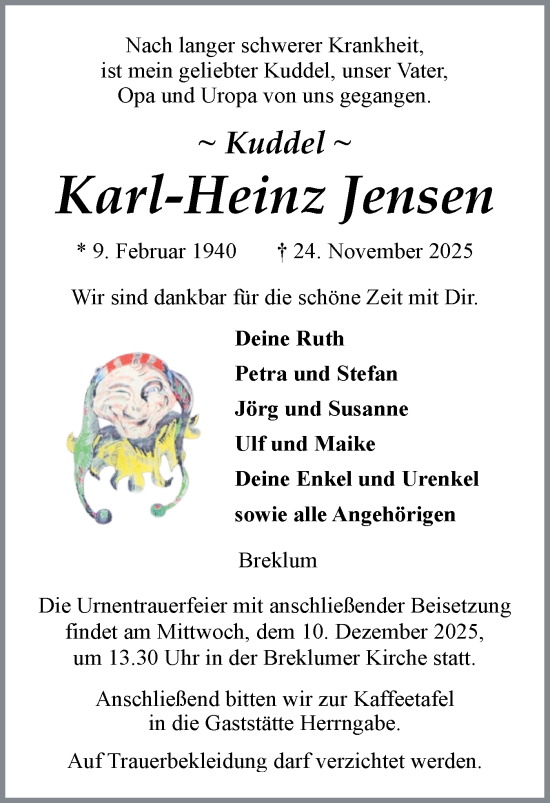 Traueranzeige von Karl-Heinz Jensen von Region Westküste