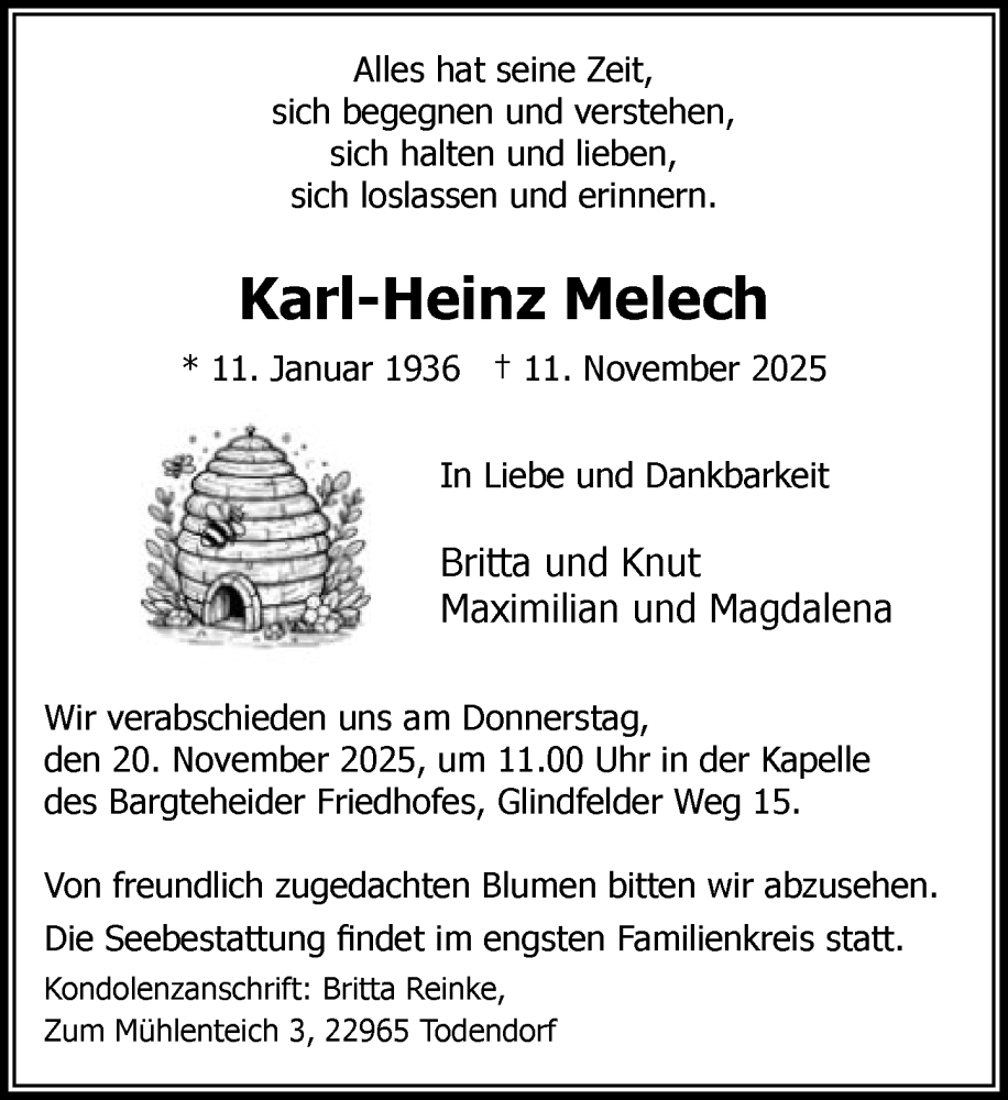  Traueranzeige für Karl-Heinz Melech vom 15.11.2025 aus Wochenend Anzeiger