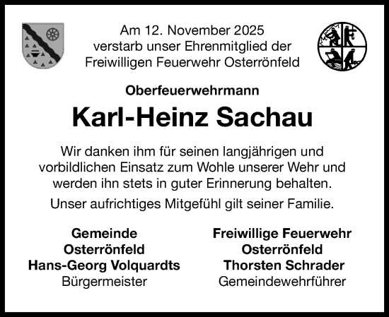 Traueranzeige von Karl-Heinz Sachau von Schleswig-Holsteinische Landeszeitung