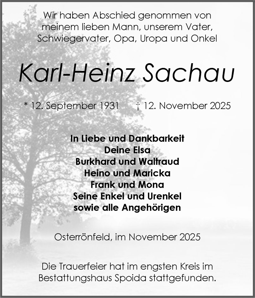  Traueranzeige für Karl-Heinz Sachau vom 22.11.2025 aus Schleswig-Holsteinische Landeszeitung
