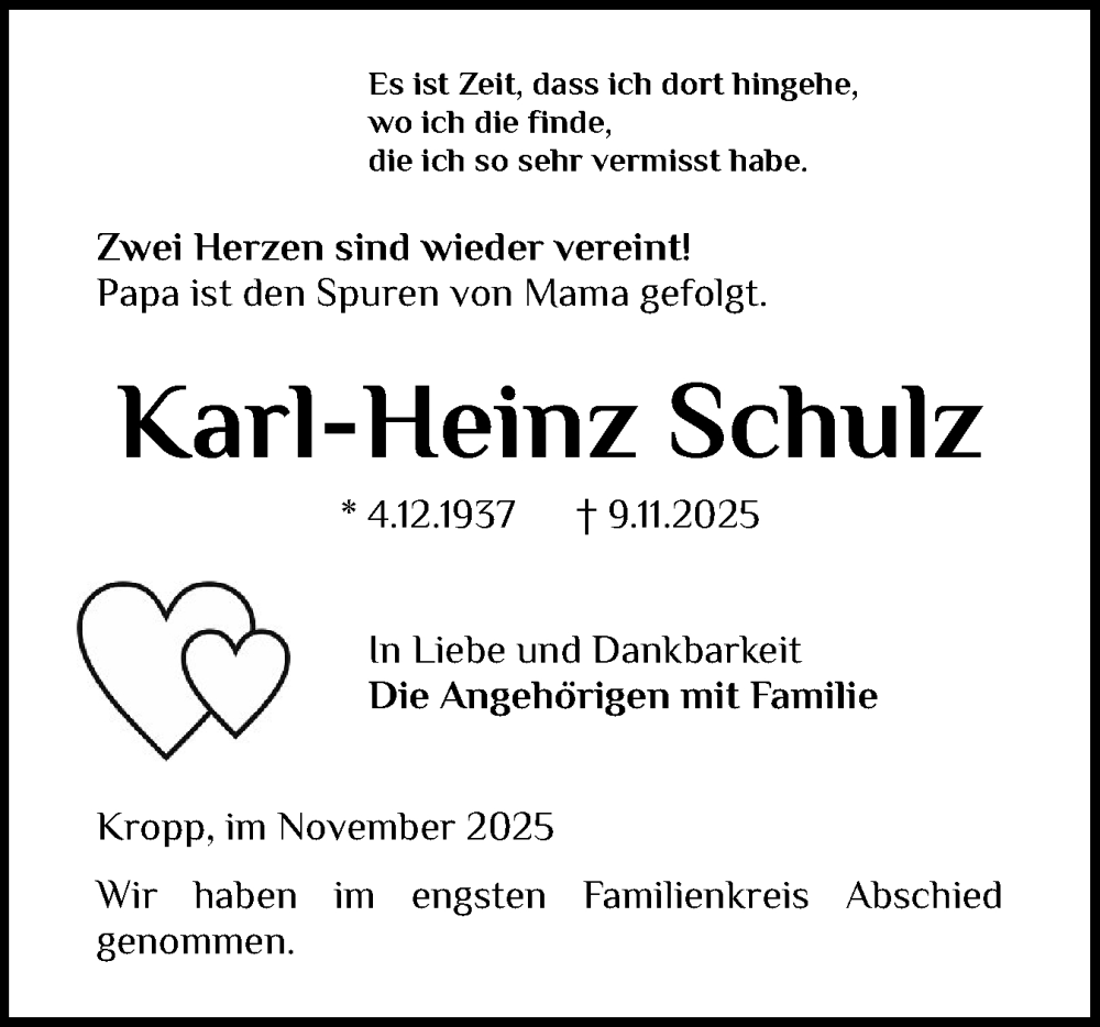  Traueranzeige für Karl-Heinz Schulz vom 29.11.2025 aus Schleswig-Holsteinische Landeszeitung