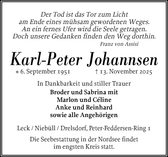 Traueranzeige von Karl-Peter Johannsen von Husumer Nachrichten, Nordfriesland Tageblatt