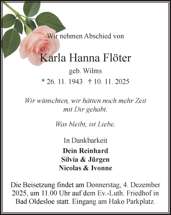 Traueranzeige von Karla Hanna Flöter von MARKT Bad Oldesloe/Reinfeld und Stormarner Tageblatt