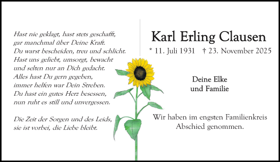 Traueranzeige von Karl Erling Clausen von MARKT Ahrensburg/Bargteheide/Trittau und Stormarner Tageblatt