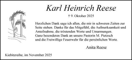 Traueranzeige von Karl Heinrich Reese von Elmshorner Nachrichten, Barmstedter Zeitung