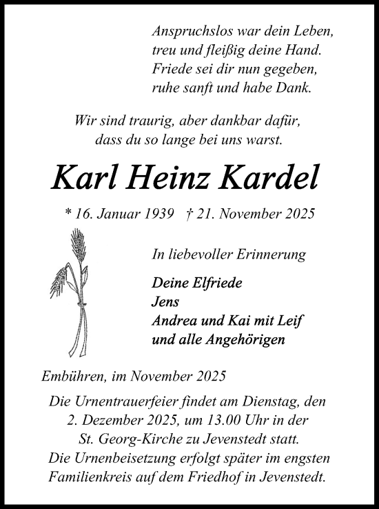 Traueranzeige von Karl Heinz Kardel von Schleswig-Holsteinische Landeszeitung