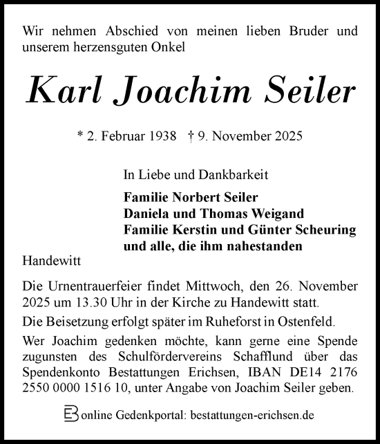 Traueranzeige von Karl Joachim Seiler von Flensburger Tageblatt