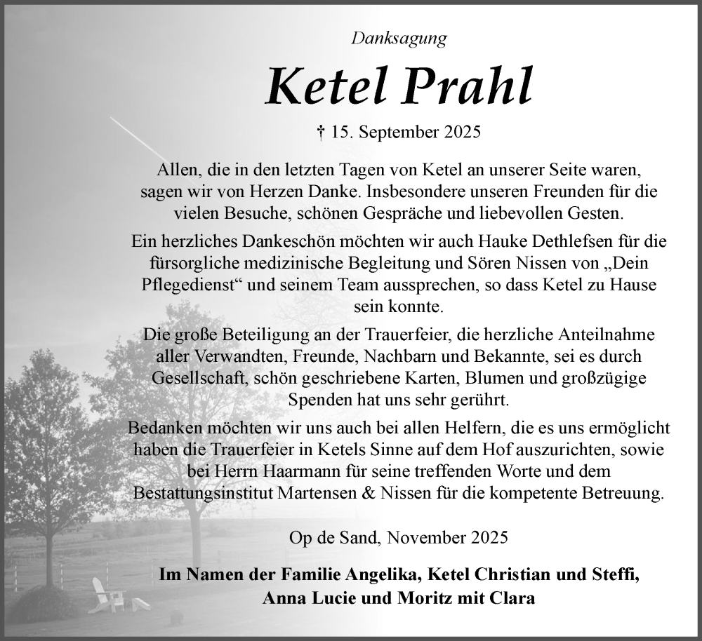  Traueranzeige für Ketel Prahl vom 15.11.2025 aus Husumer Nachrichten, Nordfriesland Tageblatt