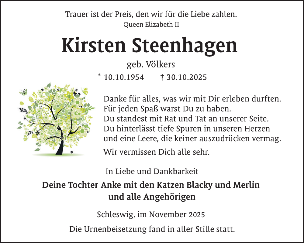  Traueranzeige für Kirsten Steenhagen vom 22.11.2025 aus Schleswiger Nachrichten, Schlei-Bote