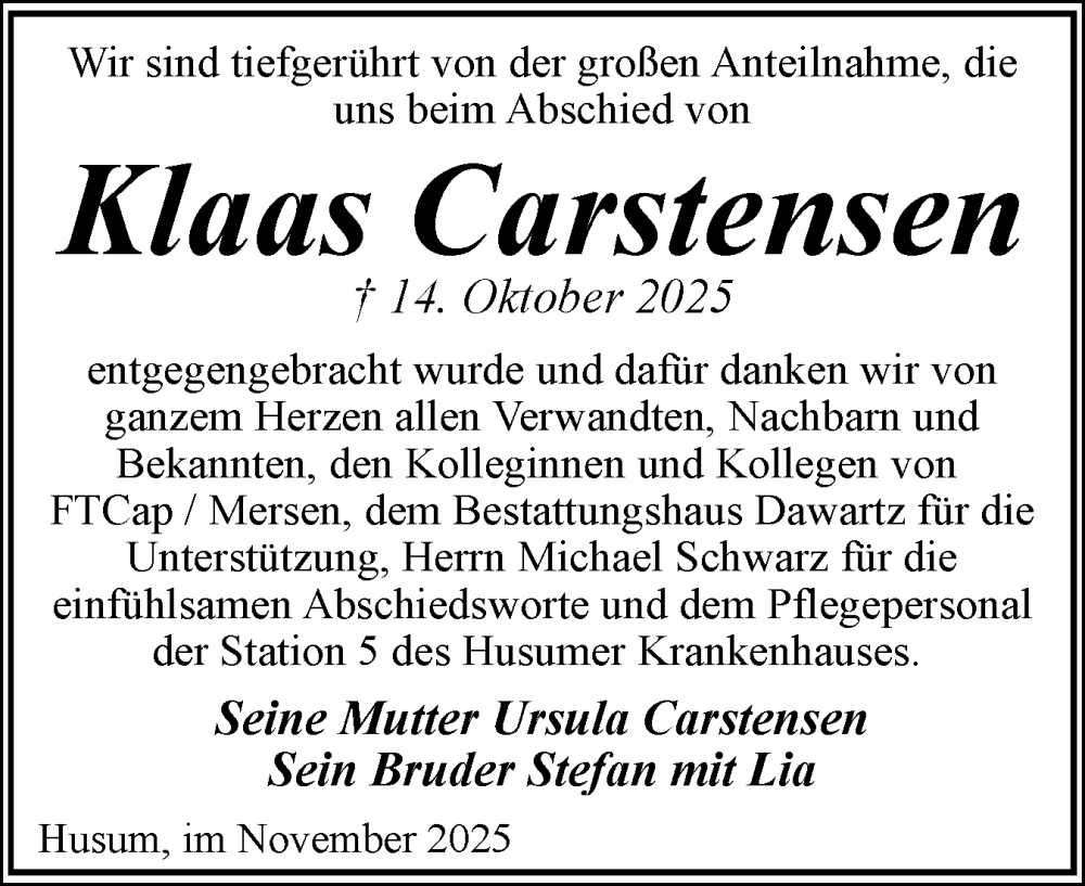  Traueranzeige für Klaas Carstensen vom 08.11.2025 aus Husumer Nachrichten, Nordfriesland Tageblatt