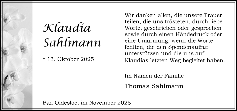  Traueranzeige für Klaudia Sahlmann vom 15.11.2025 aus MARKT Bad Oldesloe/Reinfeld und Stormarner Tageblatt
