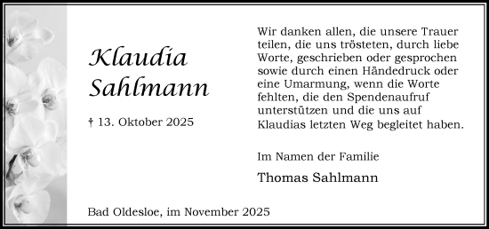 Traueranzeige von Klaudia Sahlmann von MARKT Bad Oldesloe/Reinfeld und Stormarner Tageblatt