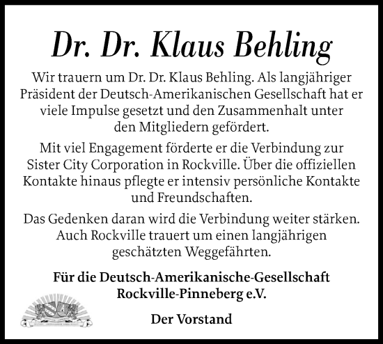 Traueranzeige von Klaus Behling von Region Pinneberg und tip Pinneberg