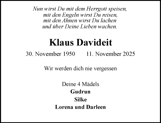 Traueranzeige von Klaus Davideit von MARKT Glinde/Reinfeld