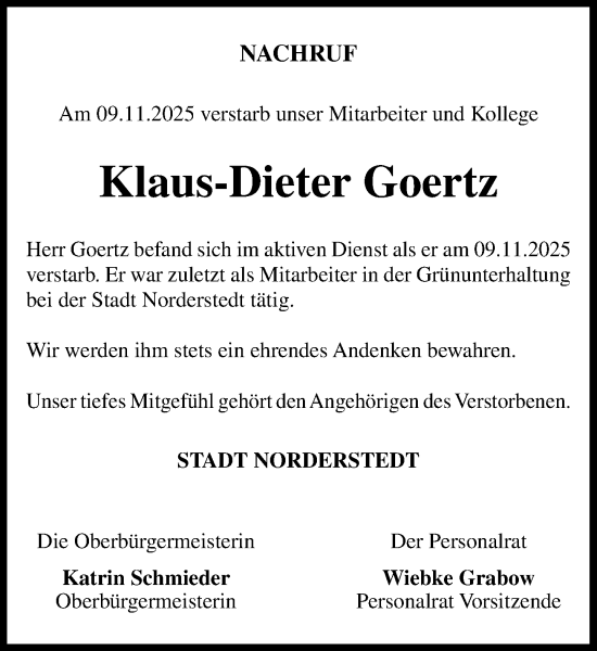 Traueranzeige von Klaus-Dieter Goertz von Heimatspiegel