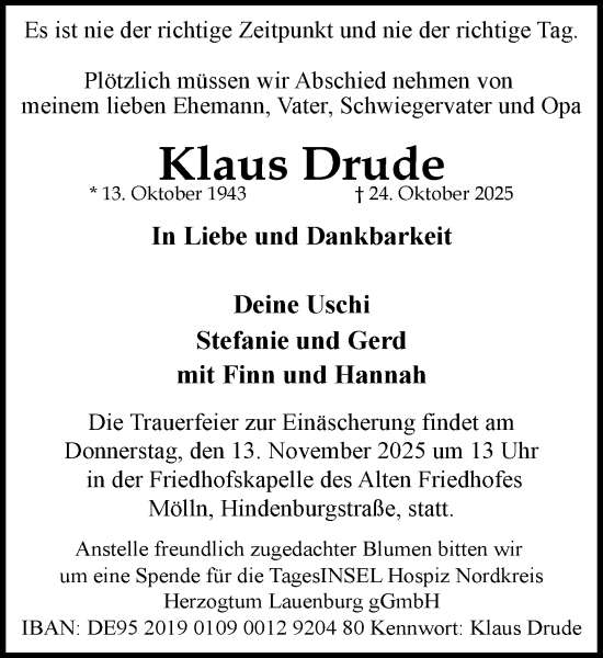 Traueranzeige von Klaus Drude von MARKT Ratzeburg/Mölln