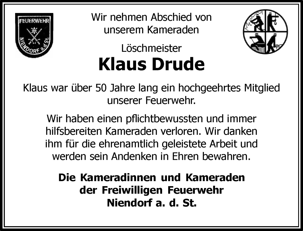  Traueranzeige für Klaus Drude vom 08.11.2025 aus MARKT Ratzeburg/Mölln