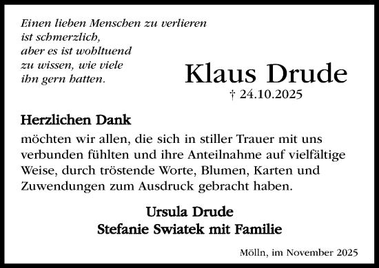 Traueranzeige von Klaus Drude von MARKT Ratzeburg/Mölln