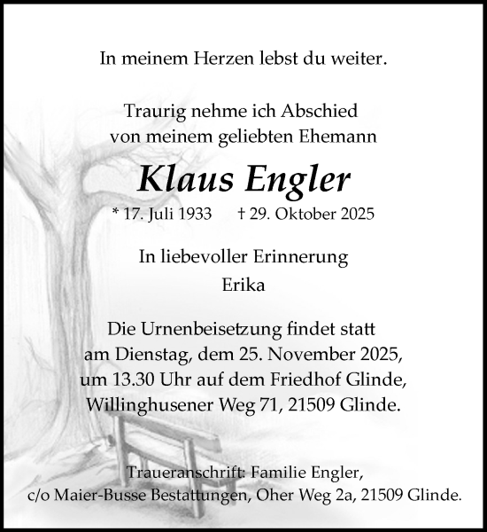 Traueranzeige von Klaus Engler von MARKT Glinde/Reinfeld
